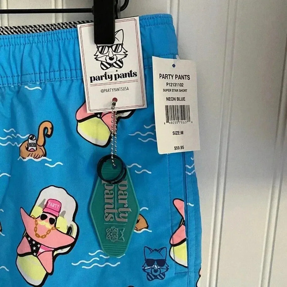 Party Pants Men’s Neon Blue Super Star Fish Swim Trunks Board Shorts Medium - Picture 2 of 12